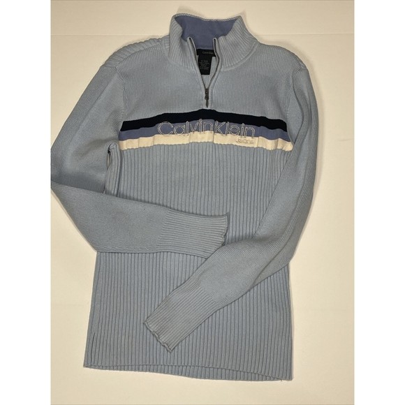 Calvin Klein Vintage Y2K Light Blue Striped Ribbed Quarter Zip Pullover Sweater - Picture 3 of 8